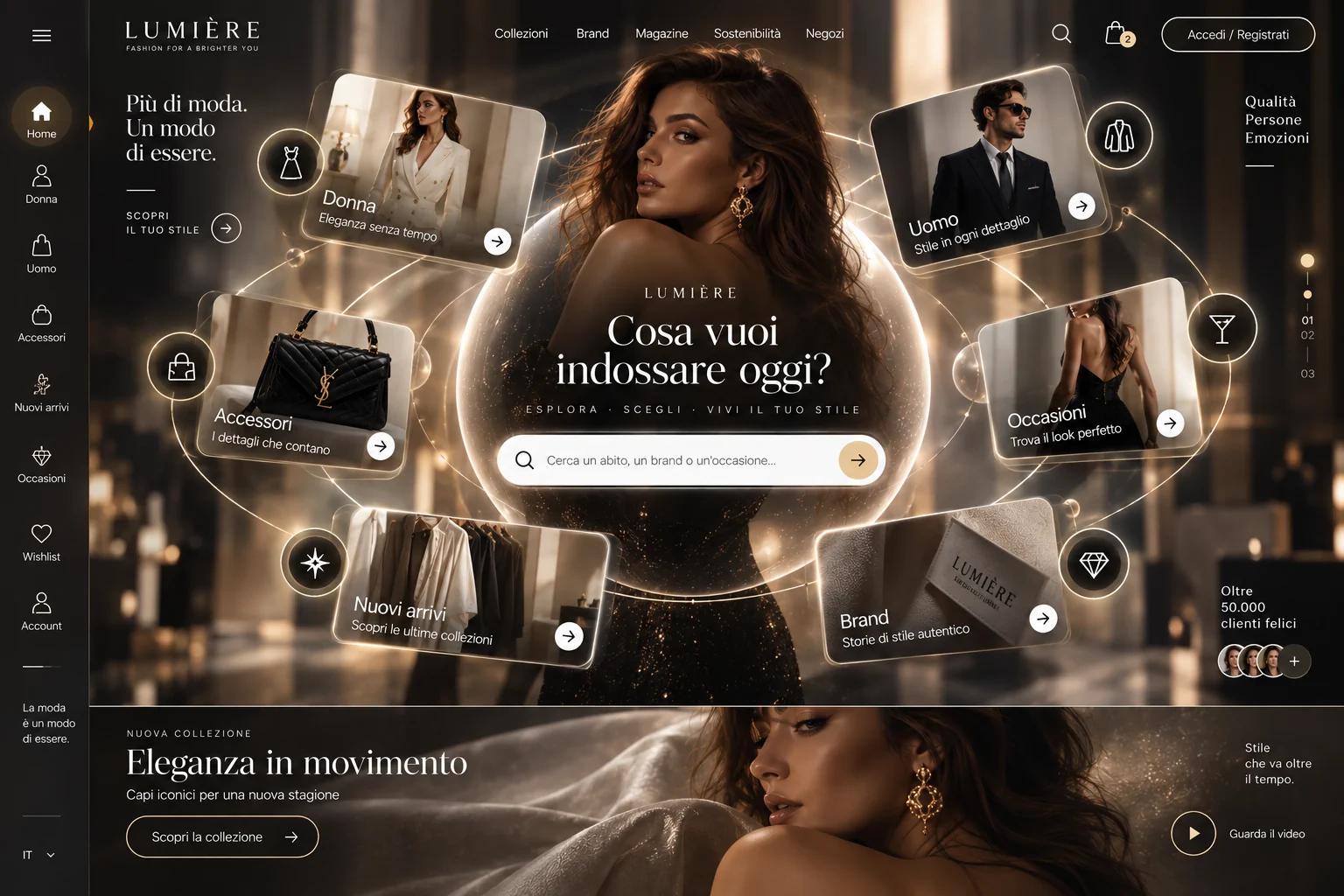 Homepage Lumière, boutique moda con categorie Donna, Uomo, Accessori, Occasioni, Nuovi arrivi e Brand