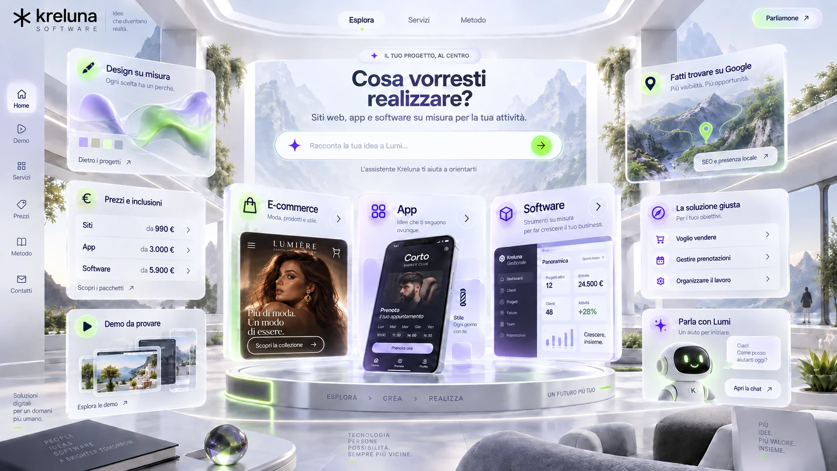 Illustrazione della home Kreluna: le aree siti web, app, software, SEO, progetti, prezzi e demo disposte in orbita.